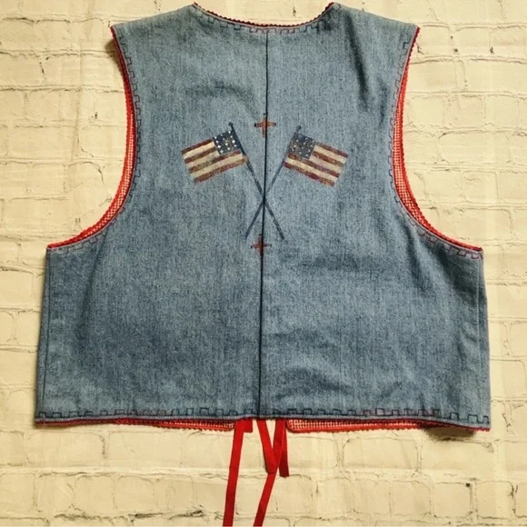 Patricia Wolf handpainted Americana denim vest indian ponies USA flag RTL $495 M - Picture 9 of 10